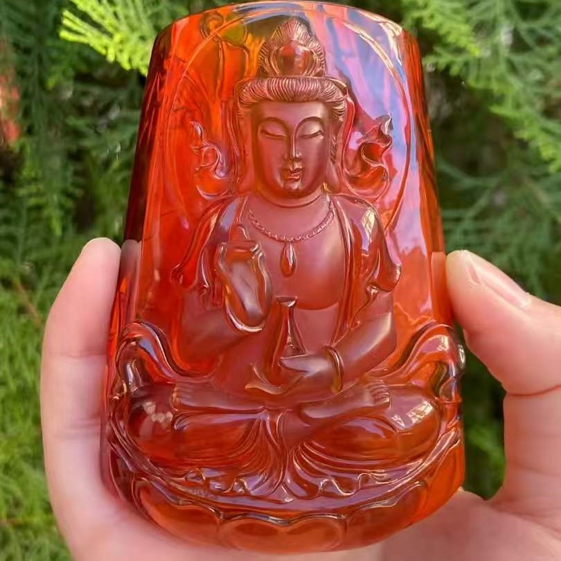 正品天然缅甸琥珀精品血珀观音大吊坠文玩收藏工艺名家珠宝饰品