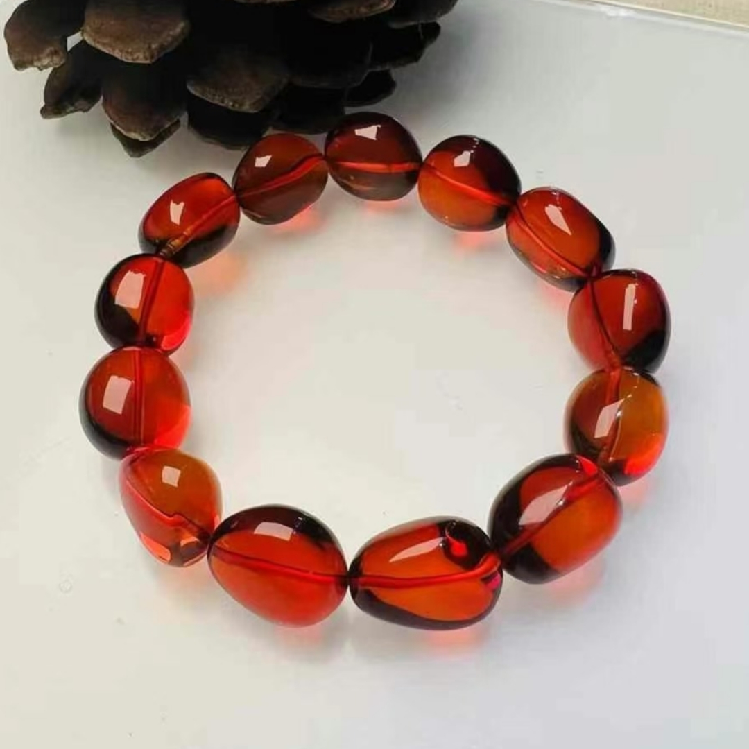 正品天然缅甸琥珀樱桃红玻璃底血珀随形手串收藏时尚百搭珠宝饰品