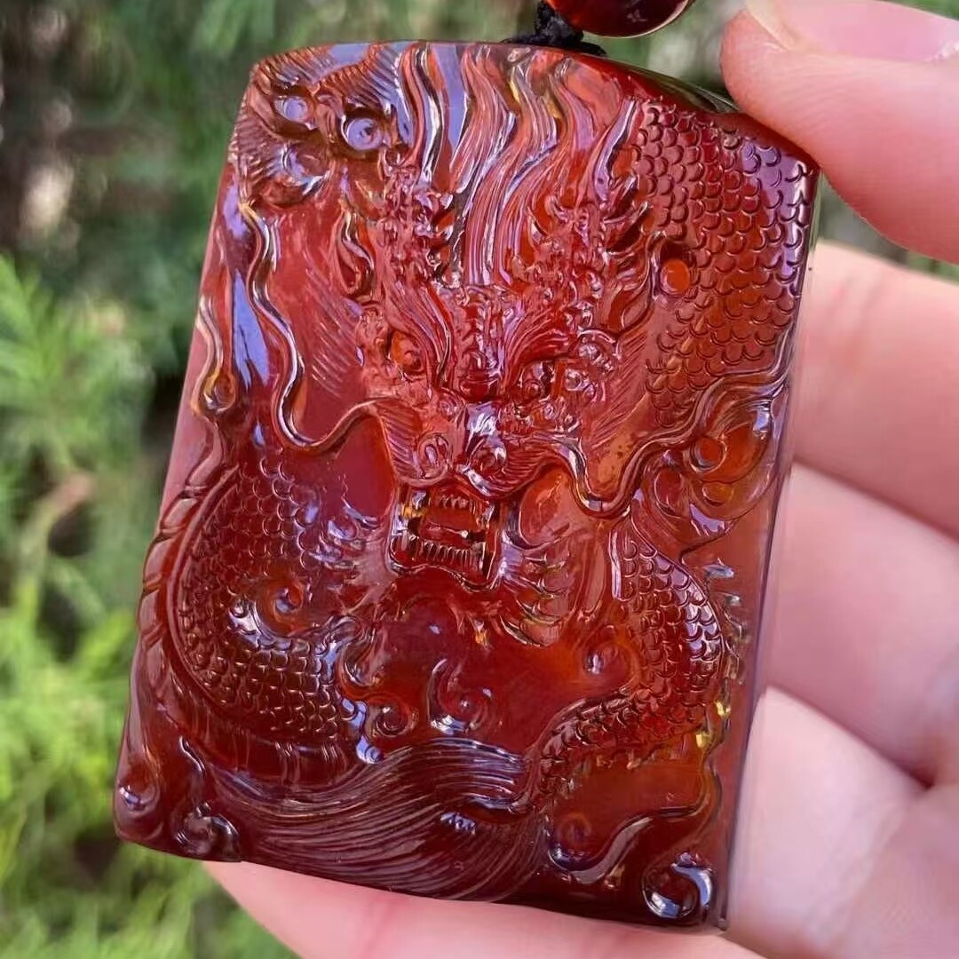 正品天然缅甸琥珀蓝血膜血珀 龙腾四海 浮雕吊坠男款孤品珠宝饰品