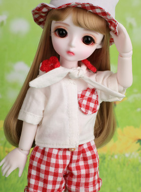 套装bjd娃娃sd娃衣 lina  Miu同款带帽子红色学生格子套装 休闲装