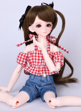 bjd sd娃衣 红色格子露肩衫+牛仔裤  全套可出 （尺寸可定制）