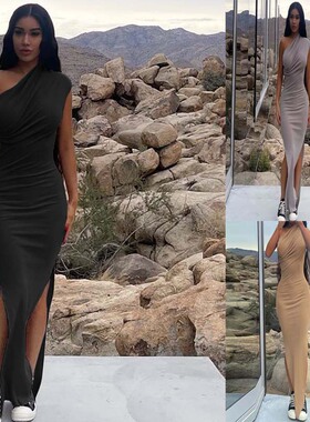 Solid color sexy diagonal shoulder dress 性感斜肩开叉连衣裙