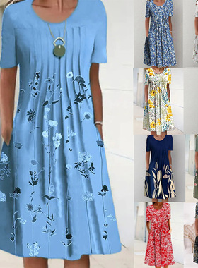 Round neck short sleeved mid lengthdress圆领短袖中长款连衣裙