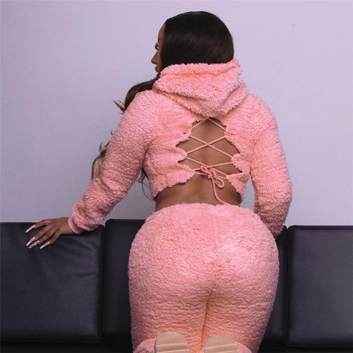 Winter femininity bandage hooded top and trousers suit women