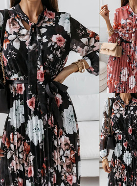 Fashion print lace-up long-sleeved slim dress 印花长袖连衣裙