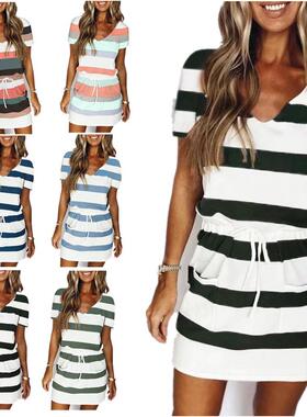 Casual striped V-neck drawstring dress woman 条纹绑带连衣裙