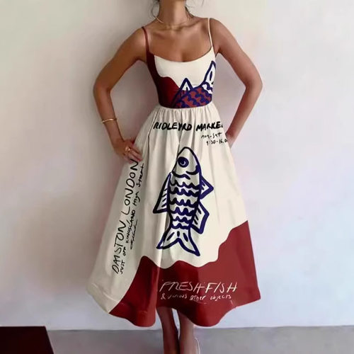 女士休闲时尚印花收腰吊带连衣裙