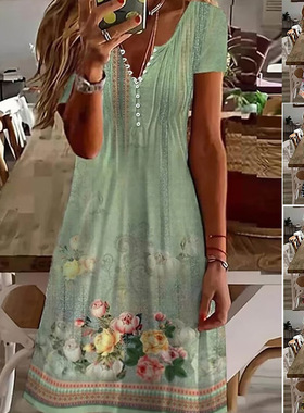 Casual V-neck printed short-sleeved dress 休闲印花宽松连衣裙
