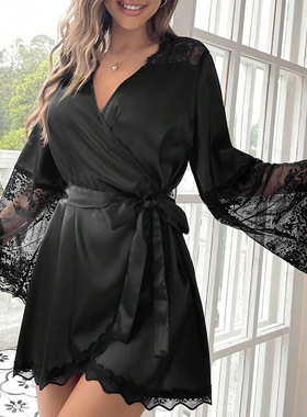 Sexy lace-up V-neck long sleeve pajamas homestay 蕾丝V领睡衣