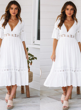 White deep V-necked plaid dress 度假风白色深V领拼接连衣裙