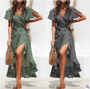 Sexy V-neck high waist lace-up chiffon printed floral skirt