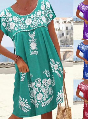 Fashion crew neck loose print dress woman 时尚圆领印花连衣裙