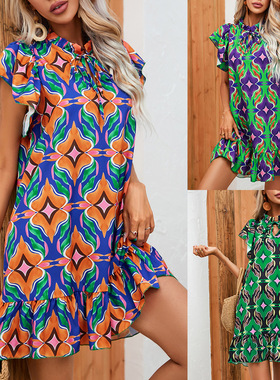 Loose high-neck casual printed short skirt women's dress