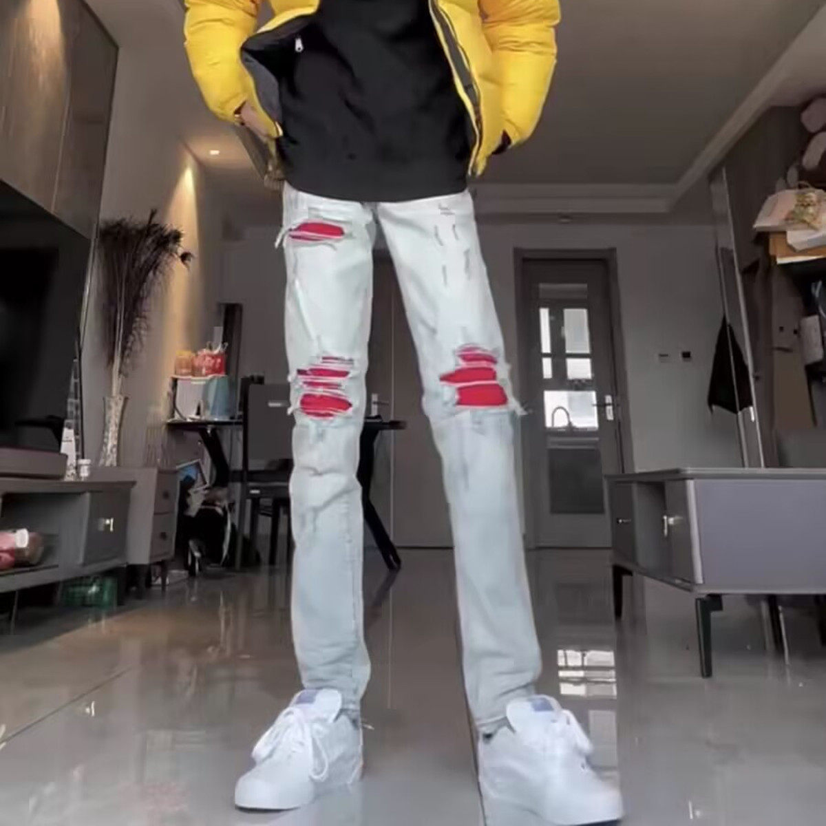 网红潮牌破洞补丁牛仔裤修身弹力