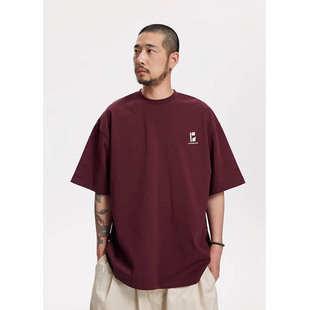 倔强工作室 美式重磅260g短袖T恤男女半袖夏季酒红纯色体恤打底衫