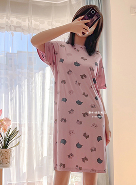 Lsooyeon/水妍满印小猫萌宠薄款家居睡裙中长款软糯舒适春夏宽松