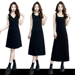 (现货+运费险)春夏季黑色圆领宽松短袖显瘦收腰连衣裙中长款