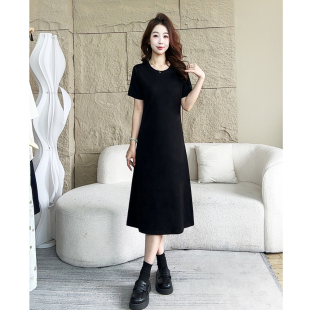 现货 显瘦收腰连衣裙中长款 运费险 黑色圆领宽松短袖 春夏季