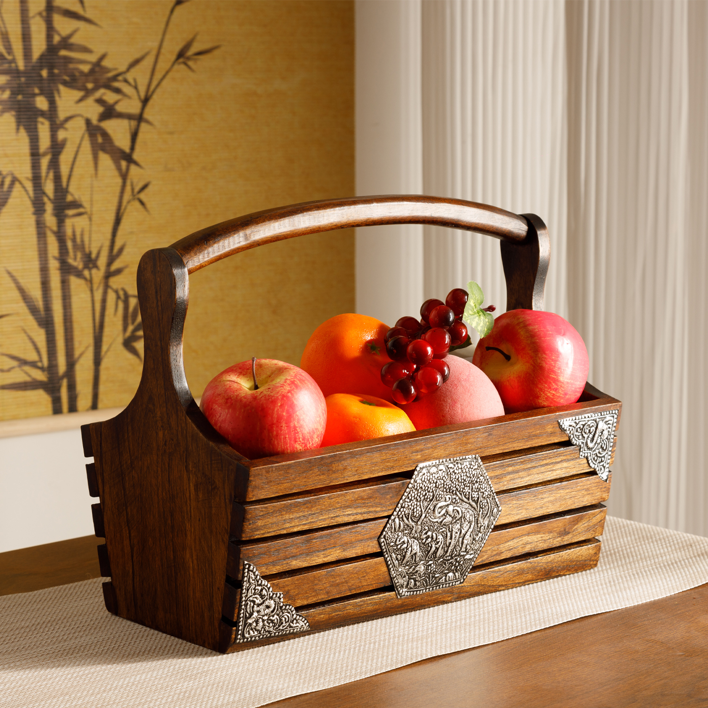 泰国实木手提篮复古水果盘