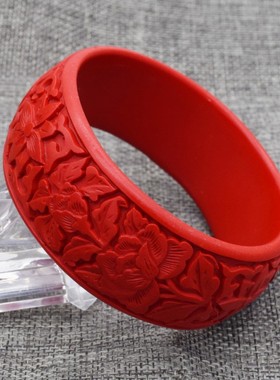 雕漆牡丹花手镯宽面镯子民族风特色首饰品猴年本命年生日礼物包邮