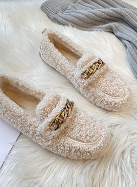 法式毛毛鞋2025圆头平底新款秋冬平底豆豆加绒保暖棉鞋软底单鞋