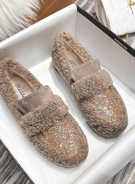 毛毛鞋2025秋冬新款平底加绒保暖棉鞋外穿仙女风圆头豆豆软底单鞋