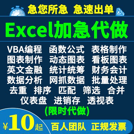 excel表格制作数据处理分析vba代做宏编程序公式函数设计图表定制