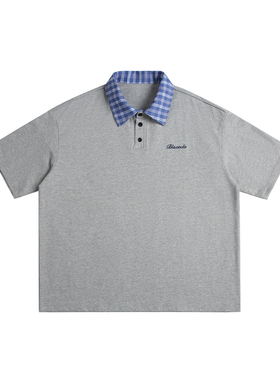 IEID夏季美式潮牌复古POLO衫男T恤大码宽松格子撞色翻领短袖上衣