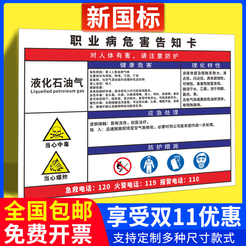 液化石油气职业病危害告知牌卡丙烯丁二烯一甲胺溶液安全警示噪声高温