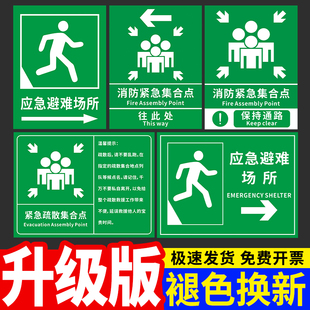 消防紧急疏散集合点标识牌提示牌贴纸应急避难场所安全警示牌指示标示标牌地下防空洞标志牌子墙贴告示牌定做