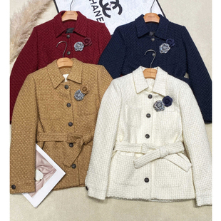 翻领绑带收腰羽绒内胆小香风外套女2025冬季千金矜贵显瘦呢子大衣