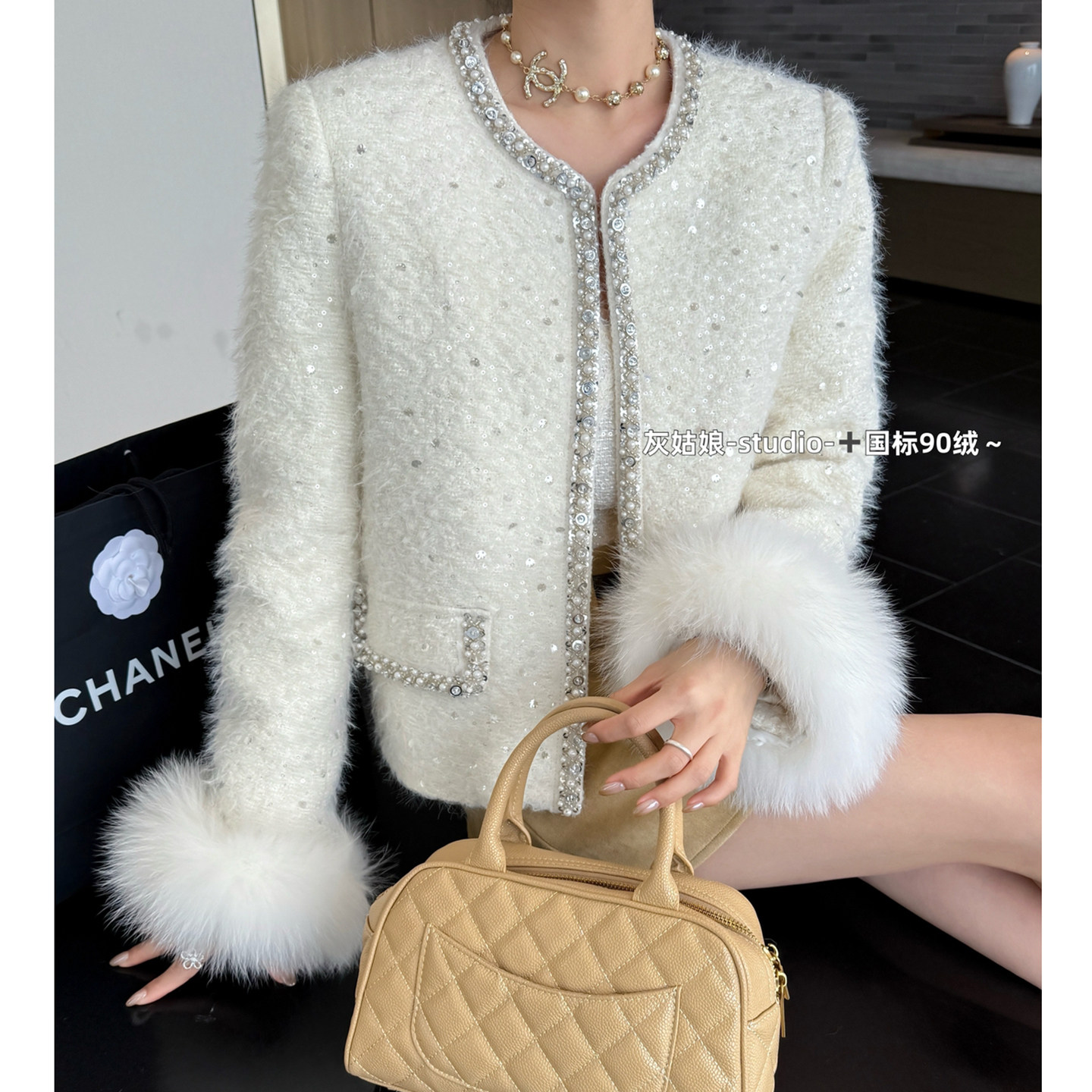 小香风重工钉珠羽绒服外套女25冬