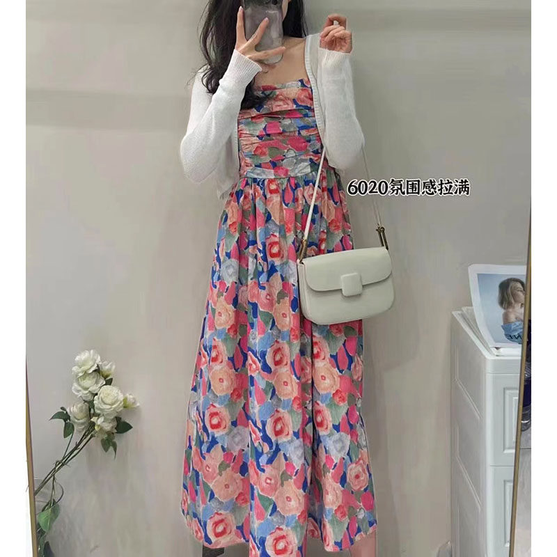 OLX2024夏季法式吊带碎花连衣裙+针织开衫两件套显瘦茶歇裙长裙女