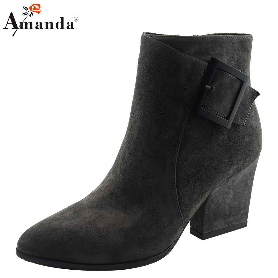 艾曼达新款羊猄皮女鞋秋新时尚磨砂尖头鞋韩版粗跟高帮纯色高跟鞋