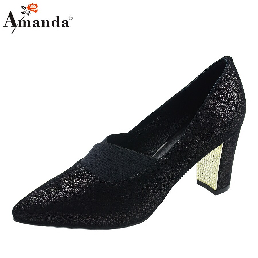 艾曼达女鞋春秋新款玫瑰花羊皮粗跟鞋时尚碎花高跟鞋小尖头女单鞋