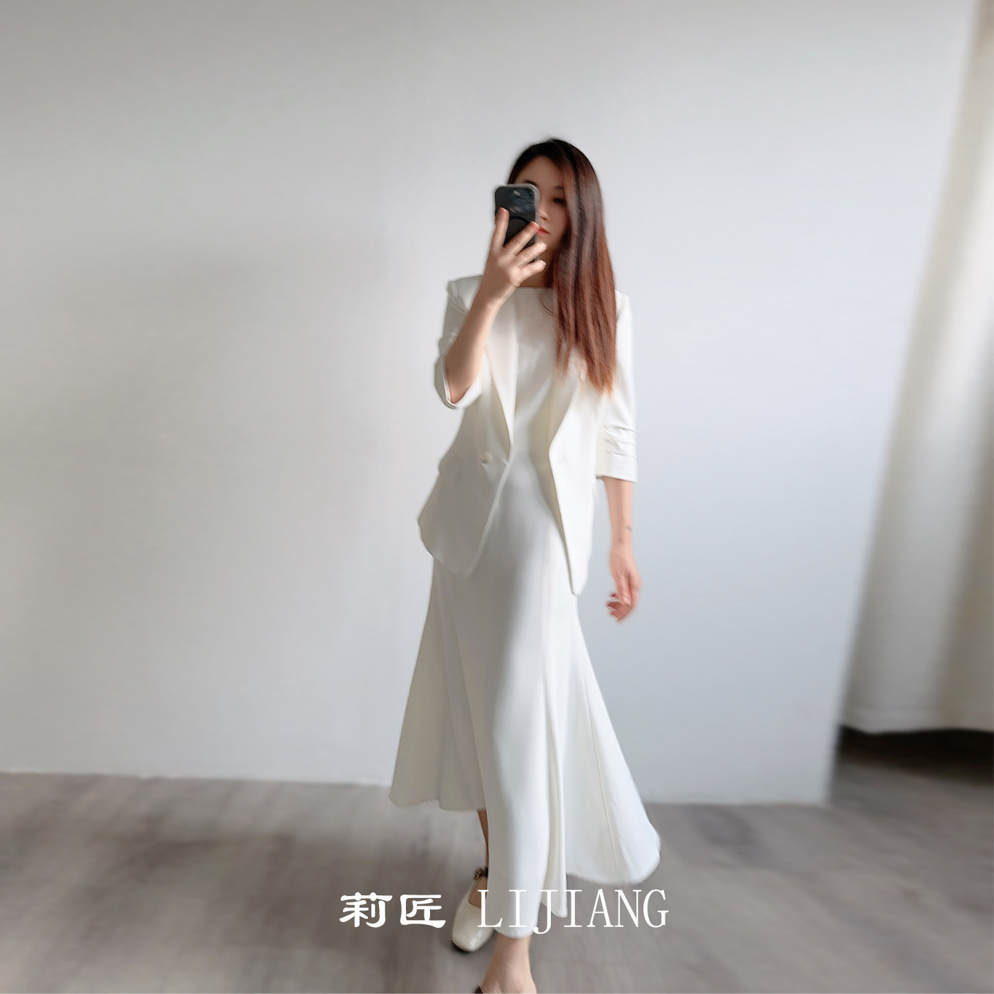 莉匠夏季轻熟优雅风白色七分袖西装外套女高级感鱼尾连衣裙套装