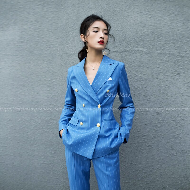 高端定制热卖秋冬时尚蓝色条纹职业气质商务休闲显瘦女士西服套装