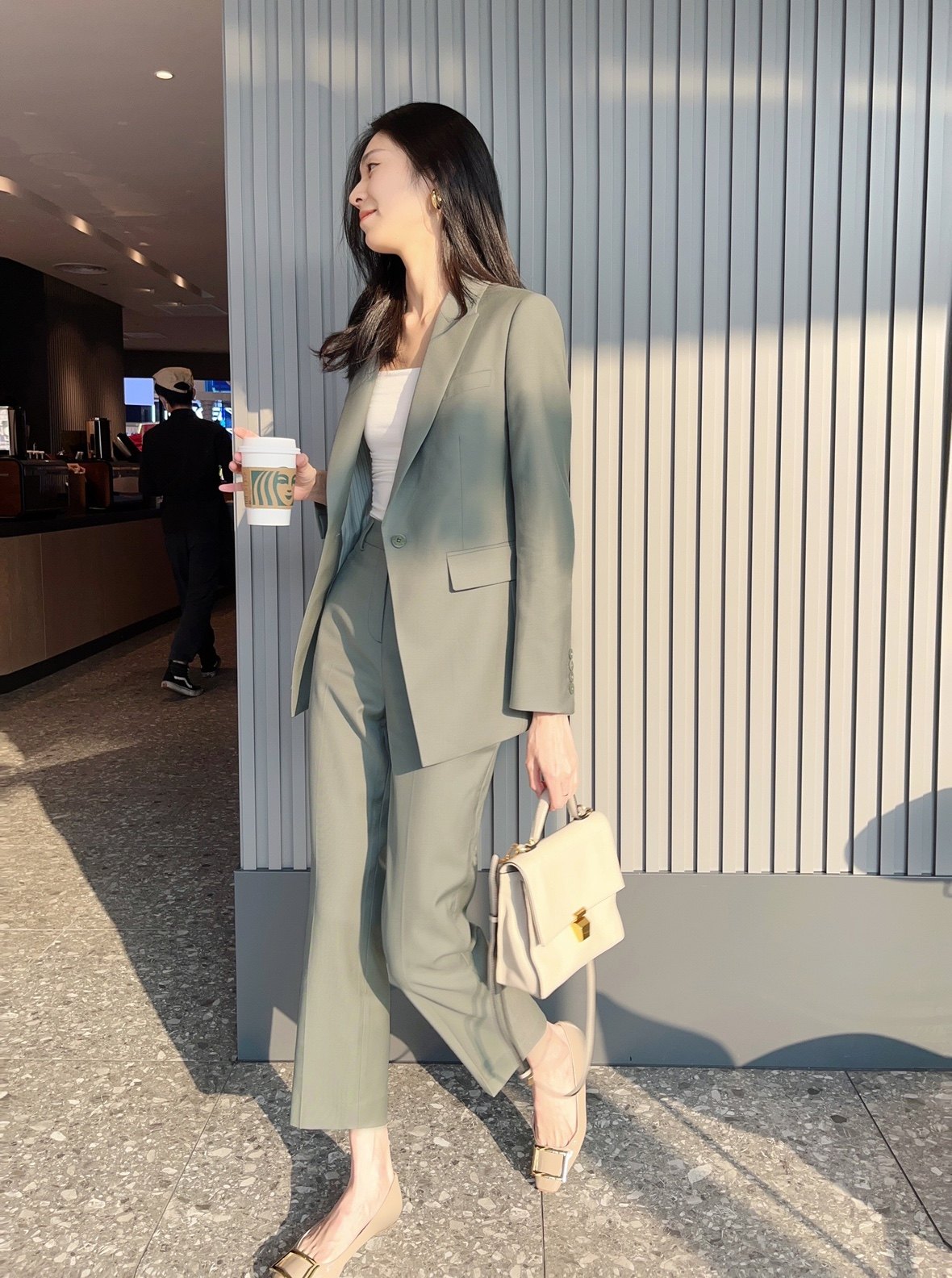 Missmao高端时尚豆沙绿色气质羊毛套装女高定手工西服套装