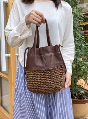 原创设计人气复古水桶包亚棉麻手工编织头层牛皮手提单肩斜挎女包