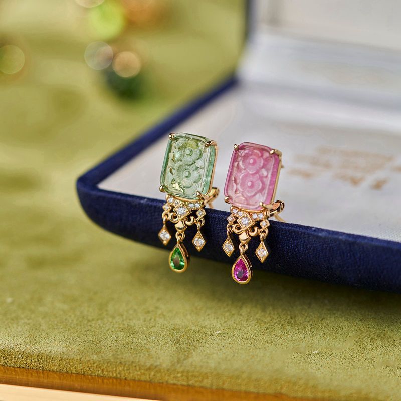 【夏日缤纷】耳钉耳环传奇雕刻工艺独特红绿AB款玻璃体碧禧耳钉女