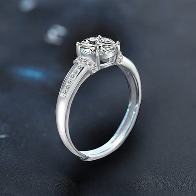 925纯银戒指不掉色轻奢白金四爪镂空戒托开口钻戒莫桑石直播货源