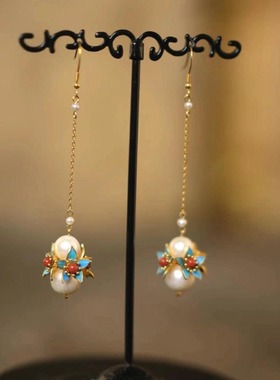 复古简约鎏金仿点翠花朵珍珠新款百搭设计大气质国潮福禄耳环送礼