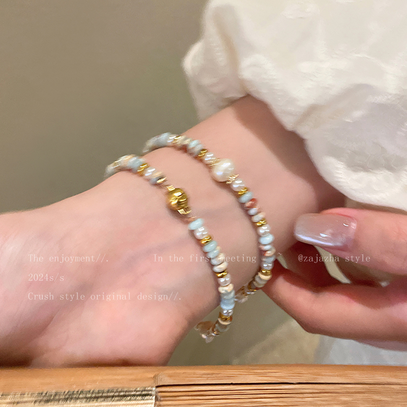 寿山石淡水珍珠手链女多巴胺叠戴串珠手串轻奢小众精致手饰品