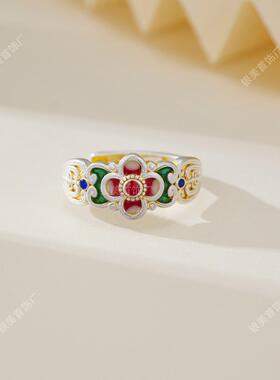 珐琅彩【朝花夕拾】粉色花朵戒指复古新中式国潮民族风送女友礼物