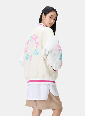 HTCU圆圈小熊刺绣棒球夹克休闲春秋男女同款情侣美式棒球服外套潮