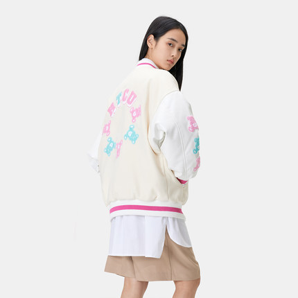 HTCU圆圈小熊刺绣棒球夹克休闲春秋男女同款情侣美式棒球服外套潮