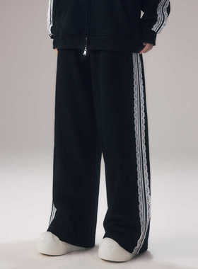 HTCU 菲娜  慵懒垂感直筒休闲裤拼接织带蕾丝花边松紧腰卫裤长裤