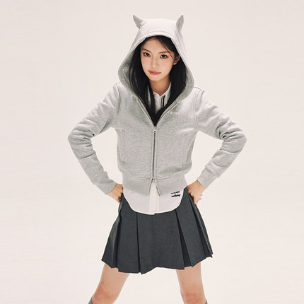 赵昭仪同款 HTCU利奥卫衣情侣龙角帽开衫365克重磅修身拉链短外套