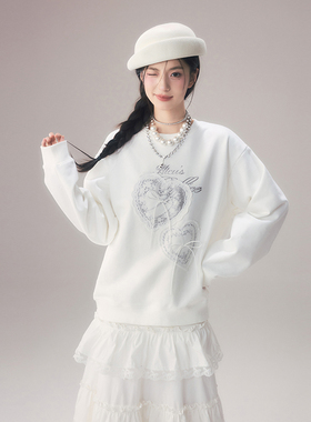 HTCU 梦心 芭蕾舞印花蝴蝶结宽松上衣女立体爱心蕾丝圆领套头卫衣