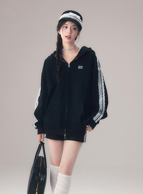 HTCU 菲娜 美式复古运动宽松连帽卫衣女蕾丝织带短裤休闲裤两件套